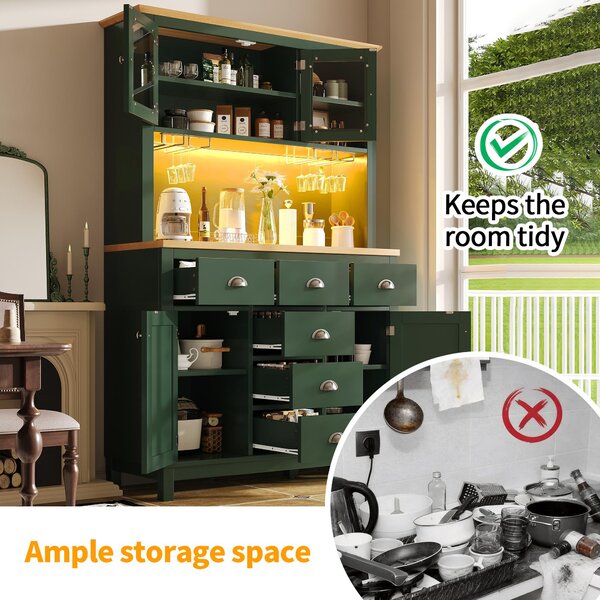 Farmhouse Style Sideboard with Spacious Shelves and Drawers, Versatile Storage Cabinet with Drink Holders, 104L x 40W x 180H cm, Green Aosom UK