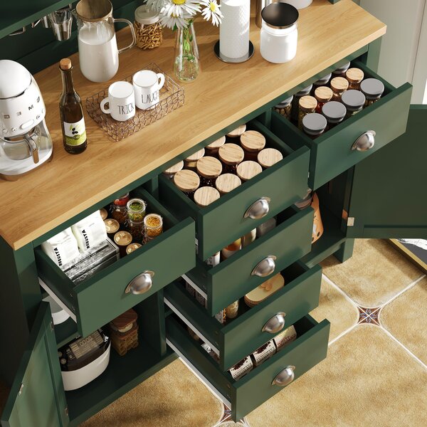 Farmhouse Style Sideboard with Spacious Shelves and Drawers, Versatile Storage Cabinet with Drink Holders, 104L x 40W x 180H cm, Green Aosom UK