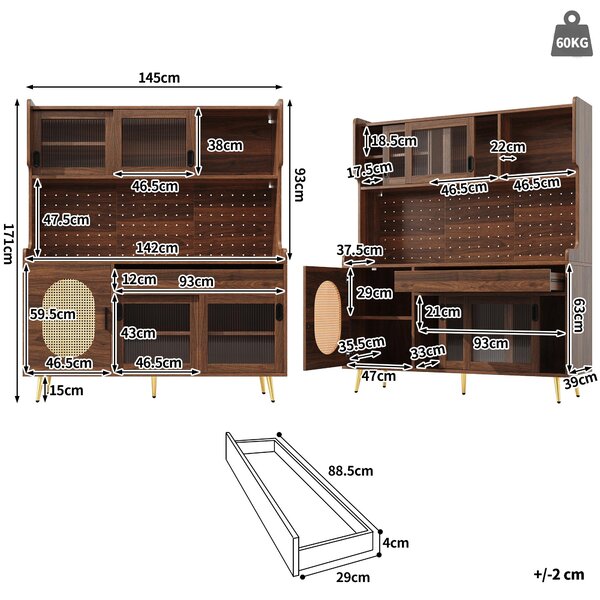Country Style Sideboard with App-Controlled LED Light Strip, Sturdy Cabinet for Living & Dining Area, 145L x 39W x 171H cm, Brown Aosom UK
