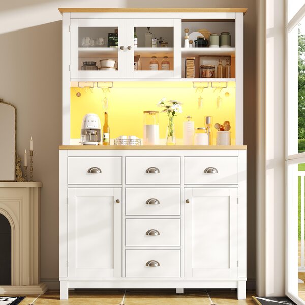 Farmhouse Style Sideboard with Spacious Shelves and Drawers, Versatile Storage Cabinet with Drink Holders, 104L x 40W x 180H cm, White Aosom UK