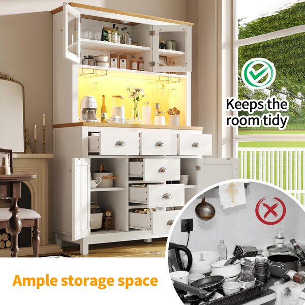 Farmhouse Style Sideboard with Spacious Shelves and Drawers, Versatile Storage Cabinet with Drink Holders, 104L x 40W x 180H cm, White Aosom UK
