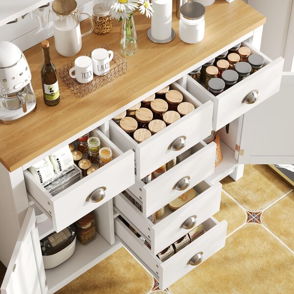 Farmhouse Style Sideboard with Spacious Shelves and Drawers, Versatile Storage Cabinet with Drink Holders, 104L x 40W x 180H cm, White Aosom UK