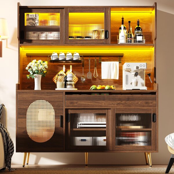 Country Style Sideboard with App-Controlled LED Light Strip, Sturdy Cabinet for Living & Dining Area, 145L x 39W x 171H cm, Brown Aosom UK