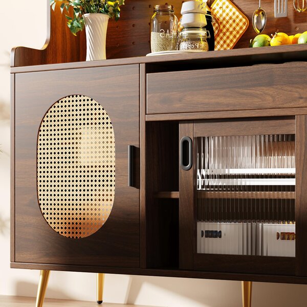 Country Style Sideboard with App-Controlled LED Light Strip, Sturdy Cabinet for Living & Dining Area, 145L x 39W x 171H cm, Brown Aosom UK