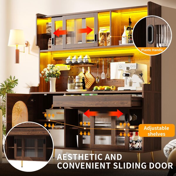 Country Style Sideboard with App-Controlled LED Light Strip, Sturdy Cabinet for Living & Dining Area, 145L x 39W x 171H cm, Brown Aosom UK