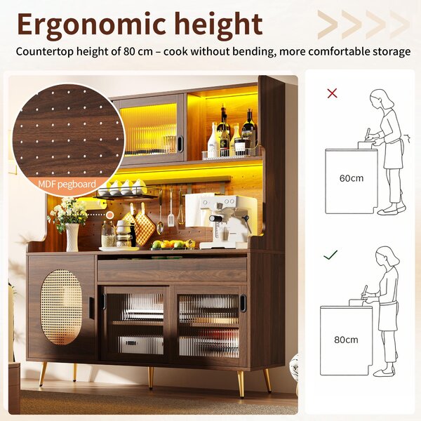 Country Style Sideboard with App-Controlled LED Light Strip, Sturdy Cabinet for Living & Dining Area, 145L x 39W x 171H cm, Brown Aosom UK