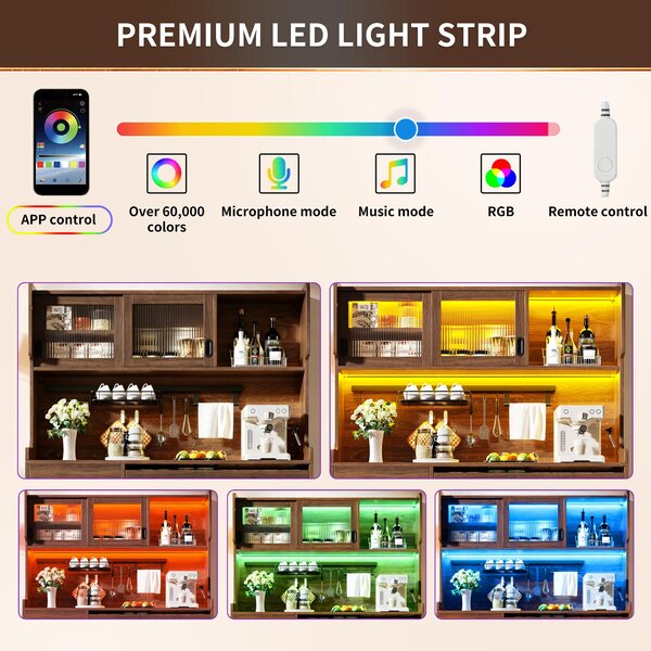 Country Style Sideboard with App-Controlled LED Light Strip, Sturdy Cabinet for Living & Dining Area, 145L x 39W x 171H cm, Brown Aosom UK