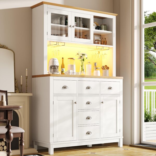 Farmhouse Style Sideboard with Spacious Shelves and Drawers, Versatile Storage Cabinet with Drink Holders, 104L x 40W x 180H cm, White Aosom UK