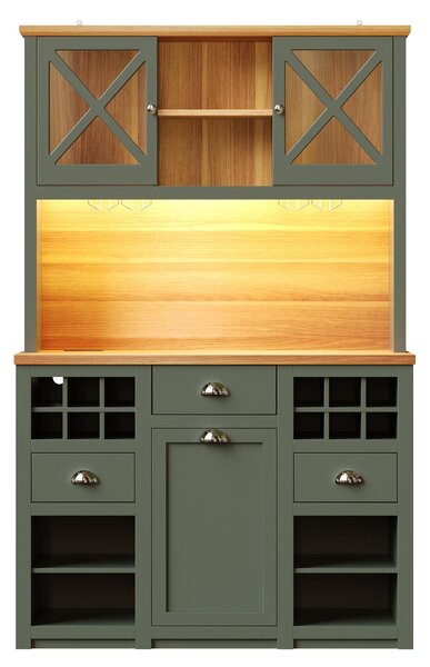 Tall Kitchen Cabinet with Glass Doors and LED Lighting, Versatile Sideboard with Adjustable Shelves, 120L x 45W x 188H cm, Antique Green Aosom UK