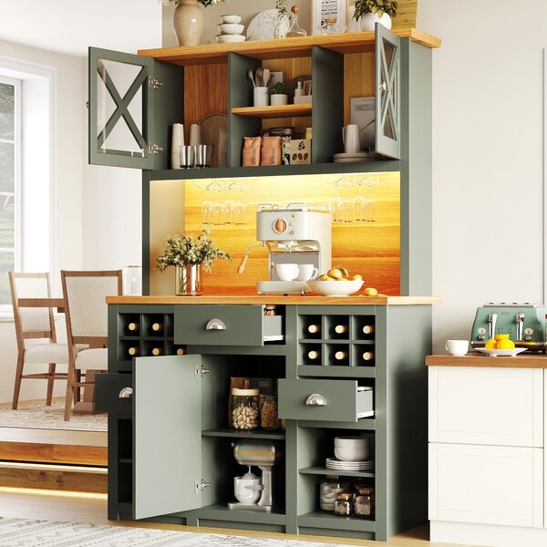 Tall Kitchen Cabinet with Glass Doors and LED Lighting, Versatile Sideboard with Adjustable Shelves, 120L x 45W x 188H cm, Antique Green Aosom UK