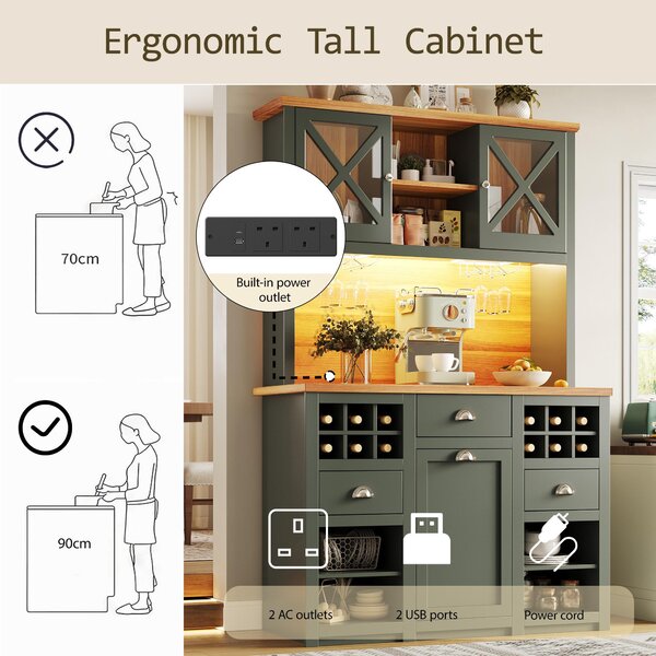 Tall Kitchen Cabinet with Glass Doors and LED Lighting, Versatile Sideboard with Adjustable Shelves, 120L x 45W x 188H cm, Antique Green Aosom UK