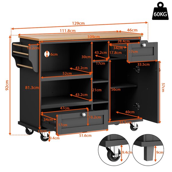 Modern Dining Trolley with Drawers, Cupboards and Open Shelving, Mobile Kitchen Cart with Wooden Worktop, 129L x 46W x 92H cm, Black Aosom UK