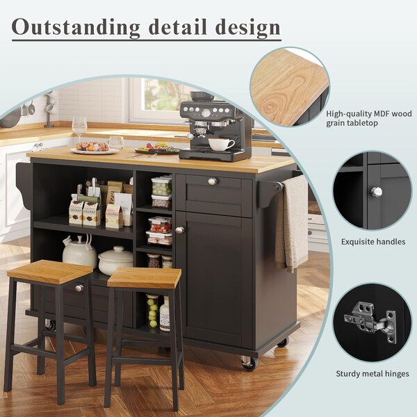 Modern Dining Trolley with Drawers, Cupboards and Open Shelving, Mobile Kitchen Cart with Wooden Worktop, 129L x 46W x 92H cm, Black Aosom UK