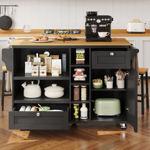 Modern Dining Trolley with Drawers, Cupboards and Open Shelving, Mobile Kitchen Cart with Wooden Worktop, 129L x 46W x 92H cm, Black Aosom UK