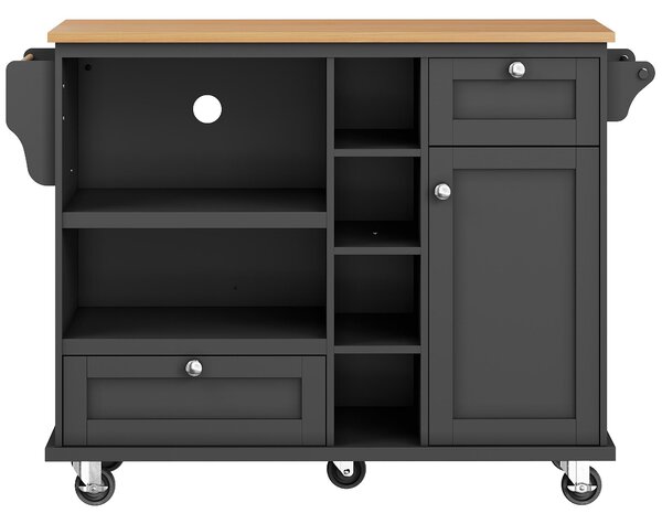 Modern Dining Trolley with Drawers, Cupboards and Open Shelving, Mobile Kitchen Cart with Wooden Worktop, 129L x 46W x 92H cm, Black Aosom UK