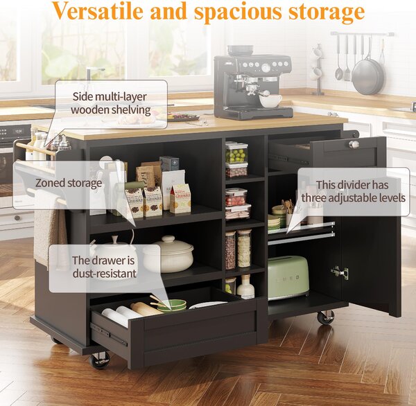 Modern Dining Trolley with Drawers, Cupboards and Open Shelving, Mobile Kitchen Cart with Wooden Worktop, 129L x 46W x 92H cm, Black Aosom UK