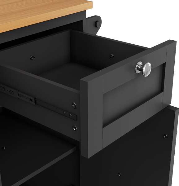 Modern Dining Trolley with Drawers, Cupboards and Open Shelving, Mobile Kitchen Cart with Wooden Worktop, 129L x 46W x 92H cm, Black Aosom UK