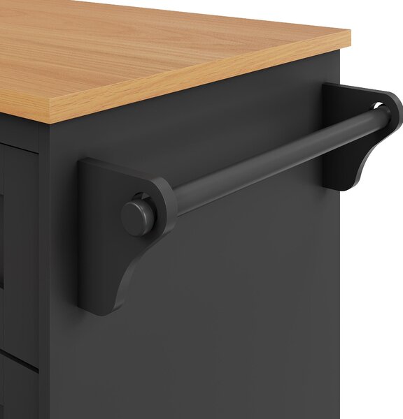 Modern Dining Trolley with Drawers, Cupboards and Open Shelving, Mobile Kitchen Cart with Wooden Worktop, 129L x 46W x 92H cm, Black Aosom UK