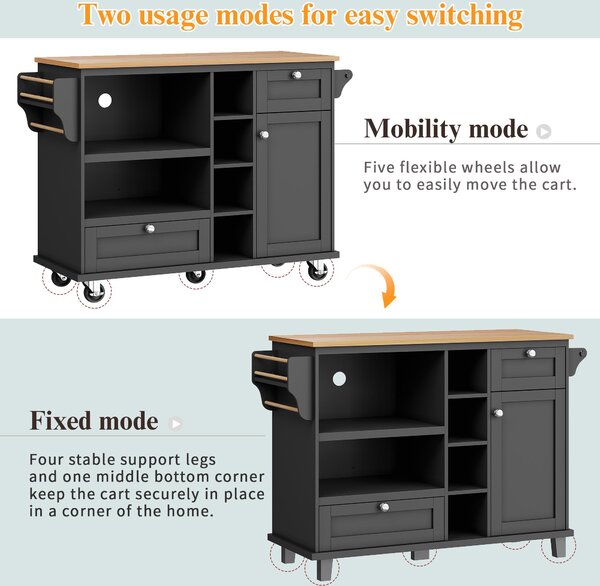 Modern Dining Trolley with Drawers, Cupboards and Open Shelving, Mobile Kitchen Cart with Wooden Worktop, 129L x 46W x 92H cm, Black Aosom UK