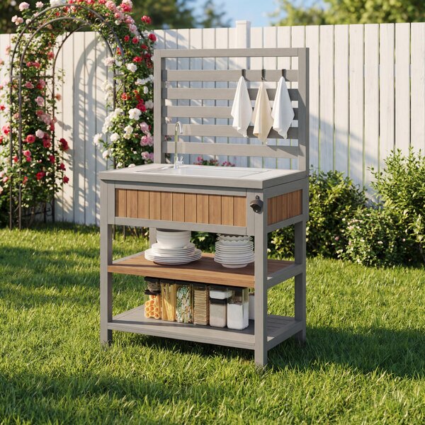 Weatherproof Garden Cabinet with Large Work Surface, Outdoor Kitchen Sideboard with Adjustable Shelves, 80L x 51W x 148.5H cm, Natural Aosom UK