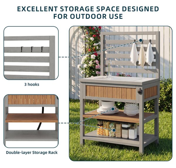 Weatherproof Garden Cabinet with Large Work Surface, Outdoor Kitchen Sideboard with Adjustable Shelves, 80L x 51W x 148.5H cm, Natural Aosom UK