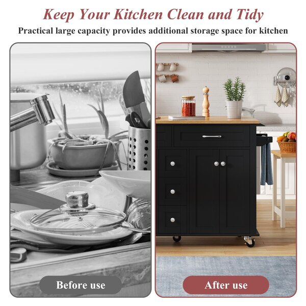 Versatile Kitchen Trolley with Extendable Worktop and 5 Drawers, Sturdy Buffet with Lockable Castors, 140L x 65W x 89H cm, Black+Natural Aosom UK