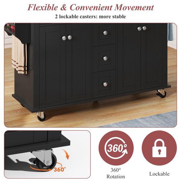 Versatile Kitchen Trolley with Extendable Worktop and 5 Drawers, Sturdy Buffet with Lockable Castors, 140L x 65W x 89H cm, Black+Natural Aosom UK