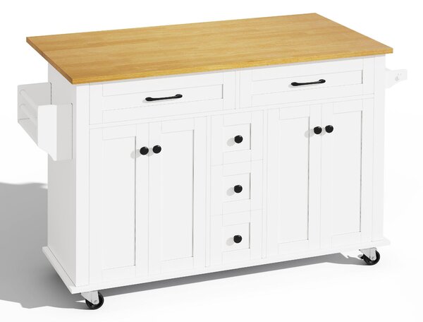 Versatile Kitchen Trolley with Extendable Worktop and 5 Drawers, Sturdy Buffet with Lockable Castors, 140L x 65W x 89H cm, White+Natural Aosom UK