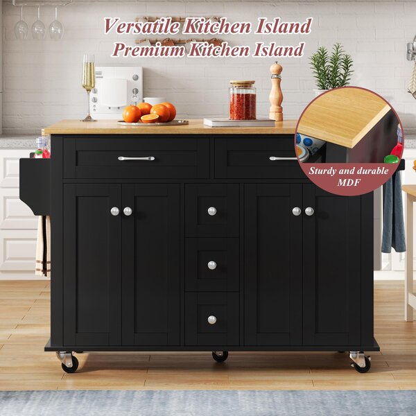 Versatile Kitchen Trolley with Extendable Worktop and 5 Drawers, Sturdy Buffet with Lockable Castors, 140L x 65W x 89H cm, Black+Natural Aosom UK