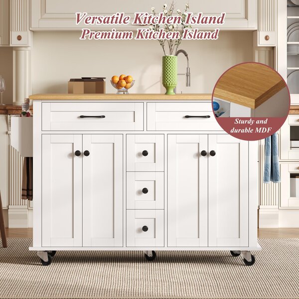 Versatile Kitchen Trolley with Extendable Worktop and 5 Drawers, Sturdy Buffet with Lockable Castors, 140L x 65W x 89H cm, White+Natural Aosom UK