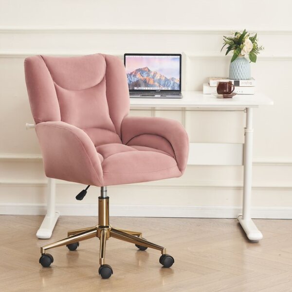 Height-Adjustable Velvet Swivel Chair with Universal Wheels, Metal Base, Ideal for Indoor Office Spaces, 64L x 62W x 92.5-99H cm, Pink Aosom.UK