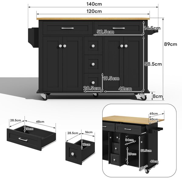 Versatile Kitchen Trolley with Extendable Worktop and 5 Drawers, Sturdy Buffet with Lockable Castors, 140L x 65W x 89H cm, Black+Natural Aosom UK