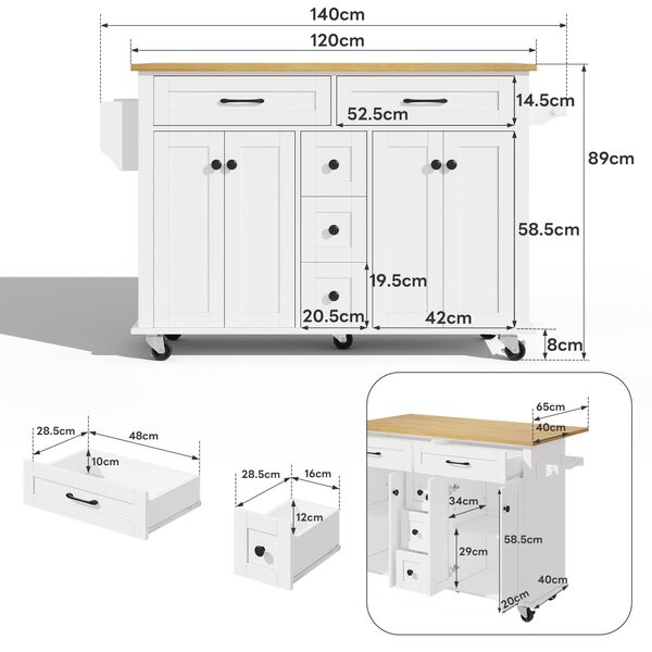 Versatile Kitchen Trolley with Extendable Worktop and 5 Drawers, Sturdy Buffet with Lockable Castors, 140L x 65W x 89H cm, White+Natural Aosom UK