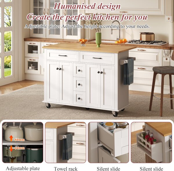 Versatile Kitchen Trolley with Extendable Worktop and 5 Drawers, Sturdy Buffet with Lockable Castors, 140L x 65W x 89H cm, White+Natural Aosom UK