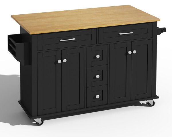 Versatile Kitchen Trolley with Extendable Worktop and 5 Drawers, Sturdy Buffet with Lockable Castors, 140L x 65W x 89H cm, Black+Natural Aosom UK