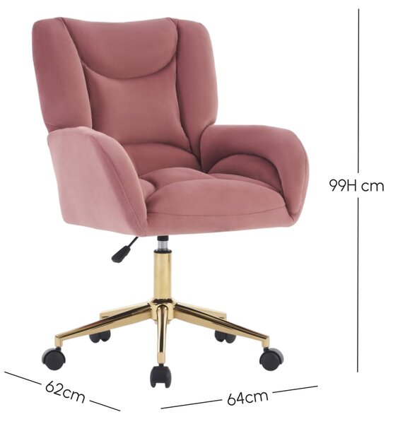 Height-Adjustable Velvet Swivel Chair with Universal Wheels, Metal Base, Ideal for Indoor Office Spaces, 64L x 62W x 92.5-99H cm, Pink Aosom.UK