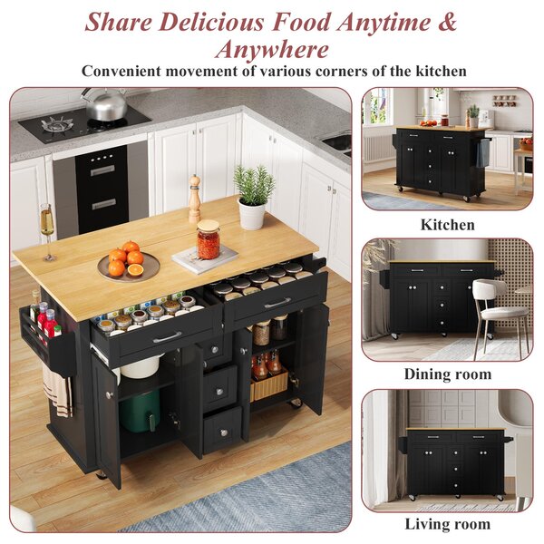 Versatile Kitchen Trolley with Extendable Worktop and 5 Drawers, Sturdy Buffet with Lockable Castors, 140L x 65W x 89H cm, Black+Natural Aosom UK