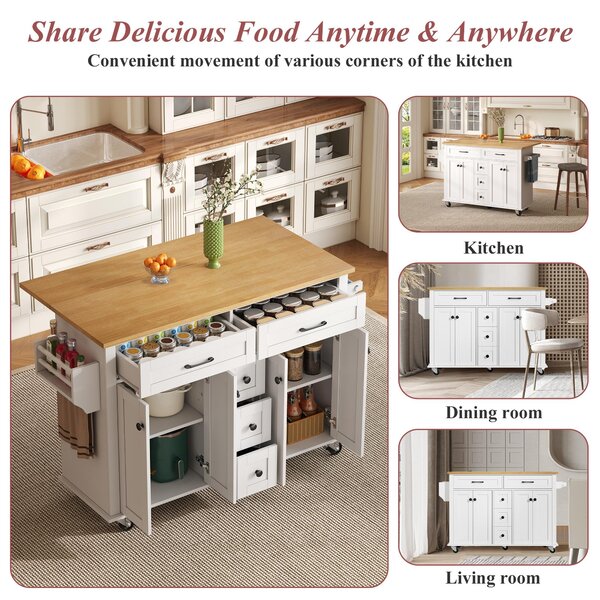 Versatile Kitchen Trolley with Extendable Worktop and 5 Drawers, Sturdy Buffet with Lockable Castors, 140L x 65W x 89H cm, White+Natural Aosom UK