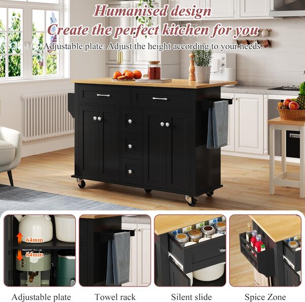 Versatile Kitchen Trolley with Extendable Worktop and 5 Drawers, Sturdy Buffet with Lockable Castors, 140L x 65W x 89H cm, Black+Natural Aosom UK