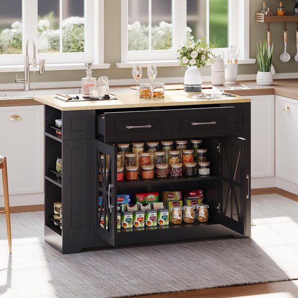 Mobile Kitchen Island with Foldable Tabletop and Sockets, Storage Buffet with Adjustable Shelves, 120L x 65W x 92H cm, Black+Natural Aosom UK
