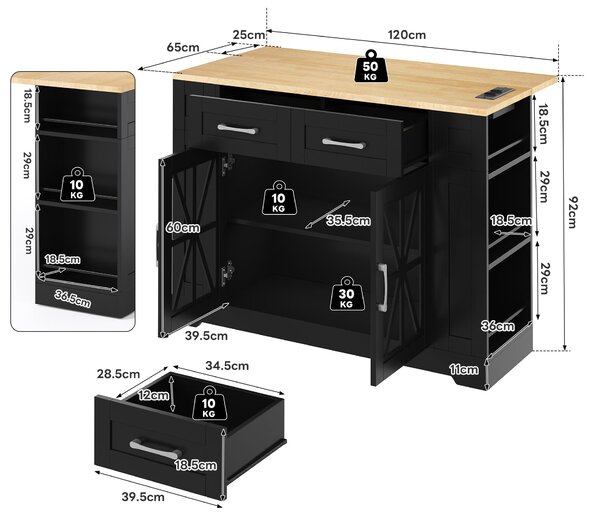Mobile Kitchen Island with Foldable Tabletop and Sockets, Storage Buffet with Adjustable Shelves, 120L x 65W x 92H cm, Black+Natural Aosom UK