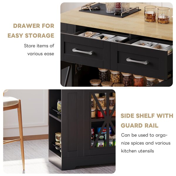 Mobile Kitchen Island with Foldable Tabletop and Sockets, Storage Buffet with Adjustable Shelves, 120L x 65W x 92H cm, Black+Natural Aosom UK