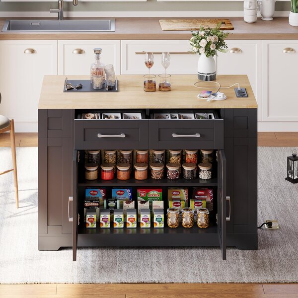 Mobile Kitchen Island with Foldable Tabletop and Sockets, Storage Buffet with Adjustable Shelves, 120L x 65W x 92H cm, Black+Natural Aosom UK