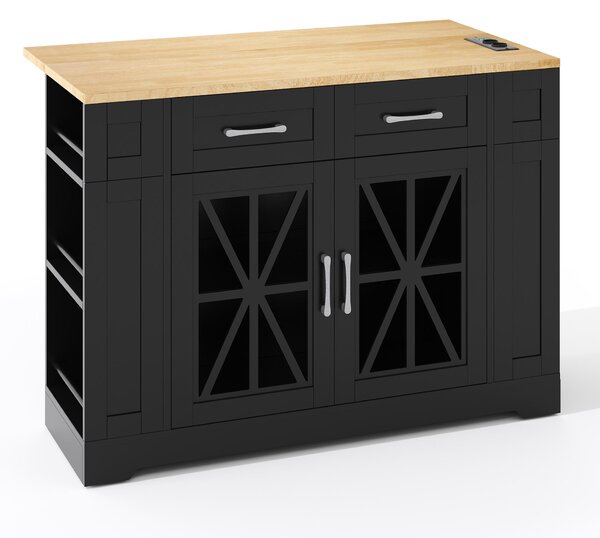 Mobile Kitchen Island with Foldable Tabletop and Sockets, Storage Buffet with Adjustable Shelves, 120L x 65W x 92H cm, Black+Natural Aosom UK