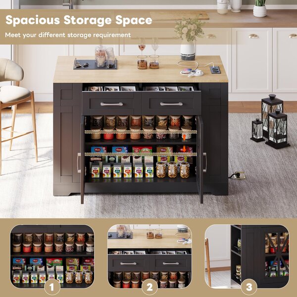 Mobile Kitchen Island with Foldable Tabletop and Sockets, Storage Buffet with Adjustable Shelves, 120L x 65W x 92H cm, Black+Natural Aosom UK