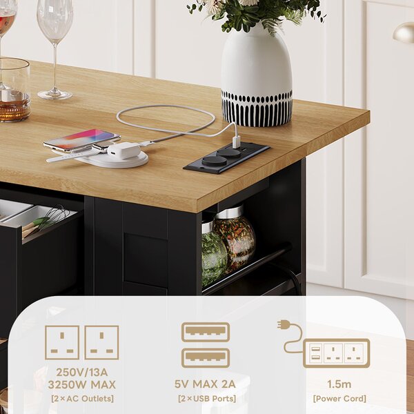 Mobile Kitchen Island with Foldable Tabletop and Sockets, Storage Buffet with Adjustable Shelves, 120L x 65W x 92H cm, Black+Natural Aosom UK