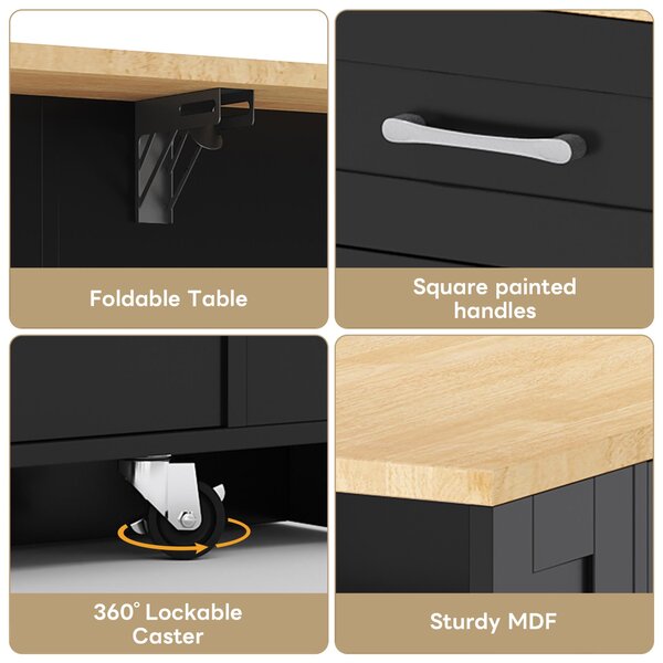 Mobile Kitchen Island with Foldable Tabletop and Sockets, Storage Buffet with Adjustable Shelves, 120L x 65W x 92H cm, Black+Natural Aosom UK