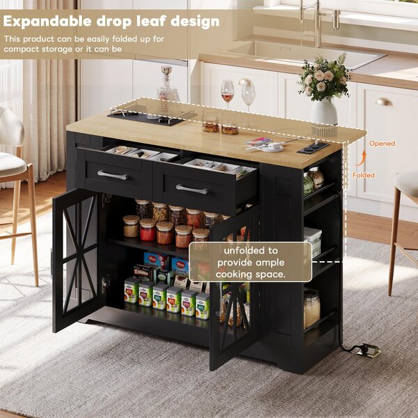 Mobile Kitchen Island with Foldable Tabletop and Sockets, Storage Buffet with Adjustable Shelves, 120L x 65W x 92H cm, Black+Natural Aosom UK