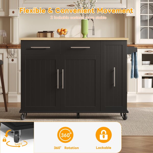Sleek Kitchen Trolley with Drop Leaf, Pull-Out Organiser, Mobile Kitchen Island with Lockable Castors, 120L x 40W x 90H cm, Black+Natural Aosom UK