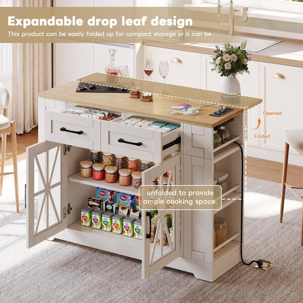 Mobile Kitchen Island with Foldable Tabletop and Sockets, Storage Buffet with Adjustable Shelves, 120L x 65W x 92H cm, White+Natural Aosom UK